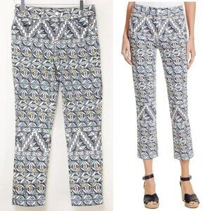 Tory Burch Acoma Jeans Cropped Geometric Print Denim Multicolor Riviera Blue 28